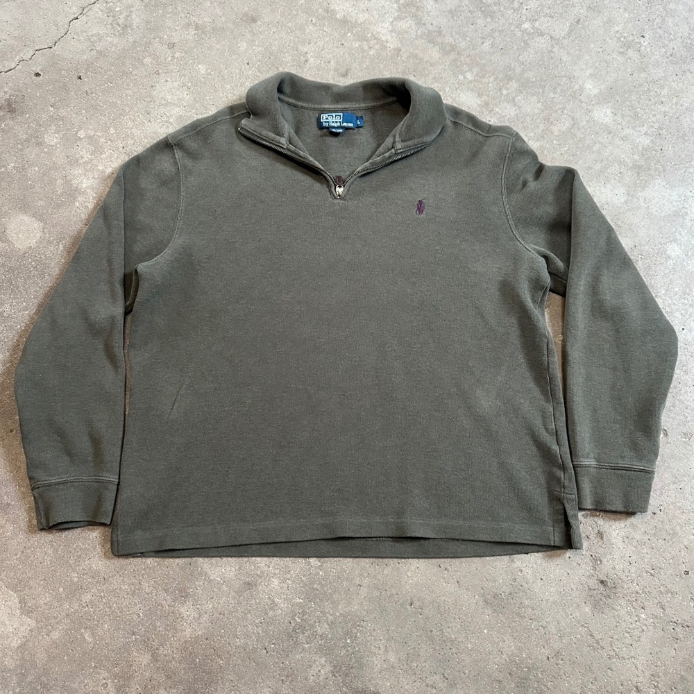 Polo Ralph Lauren Quarter Zip Pullover Mens Large Olive Green 100% Cotton Boxy - Picture 1 of 9